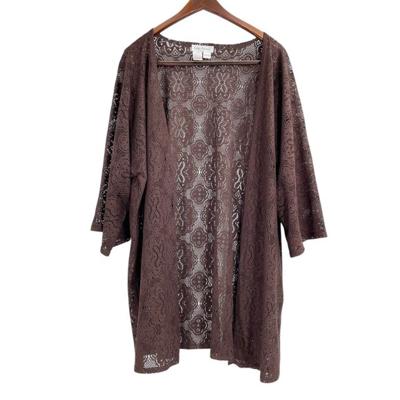Ulla Popken Brown Crochet Lace Open Front Swim Cover Relaxed Fit Womens 20/22 - Picture 1 of 7